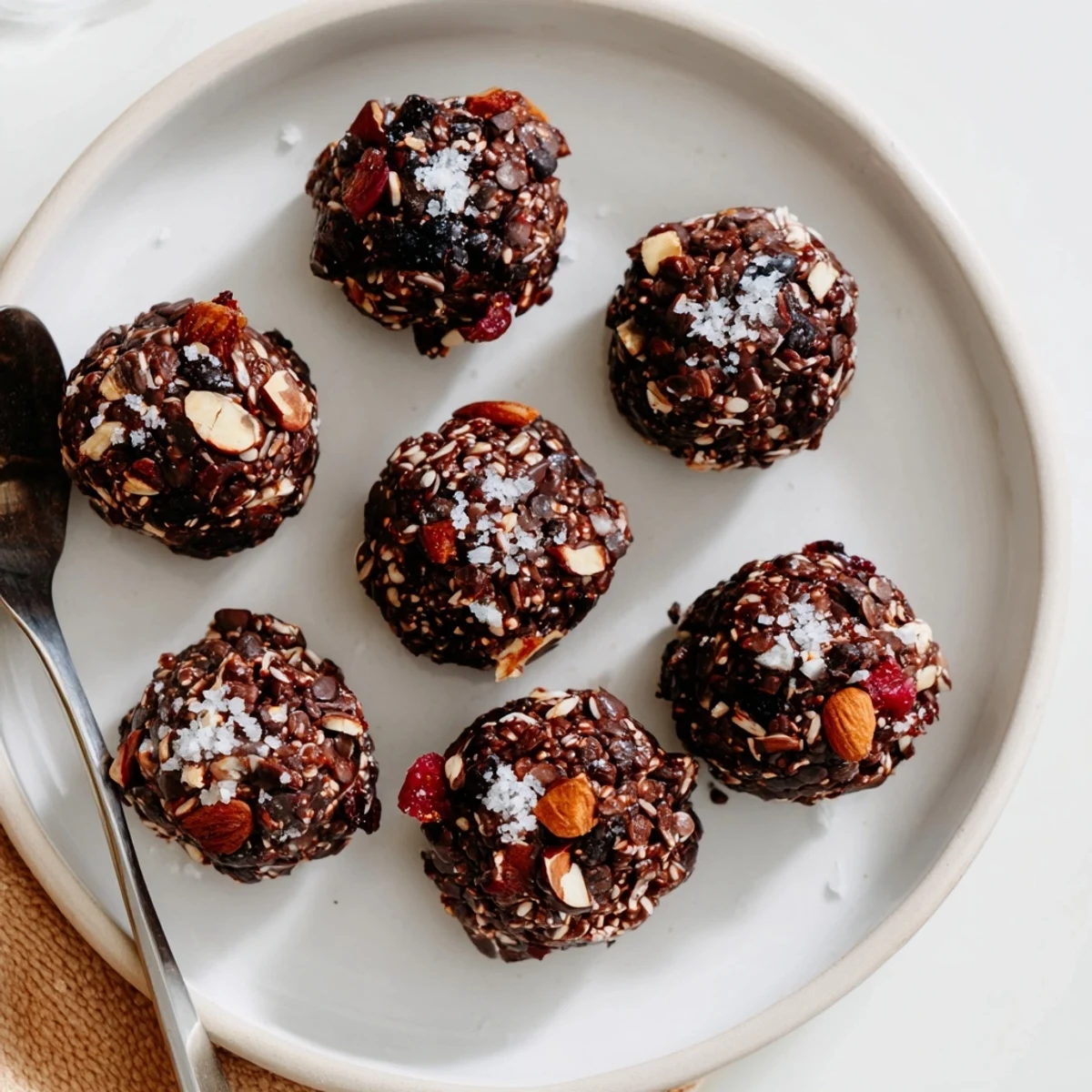 Dark chocolate Quinoa Crunch Bites arranged on a white plate for easy gluten-free snacking