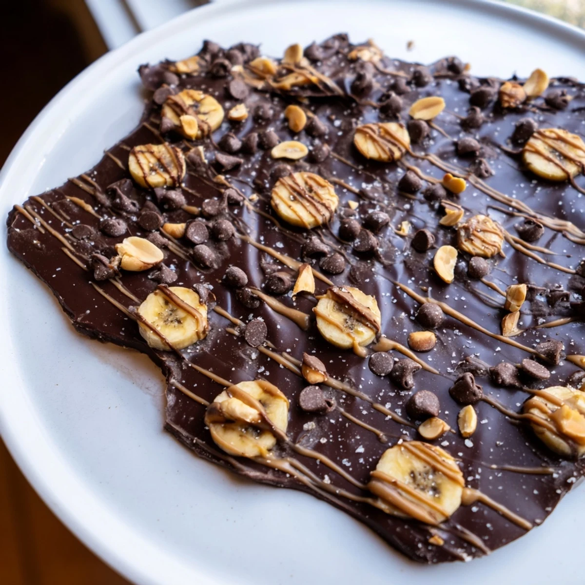 Dark chocolate banana bark topped with crunchy nuts and flaky sea salt