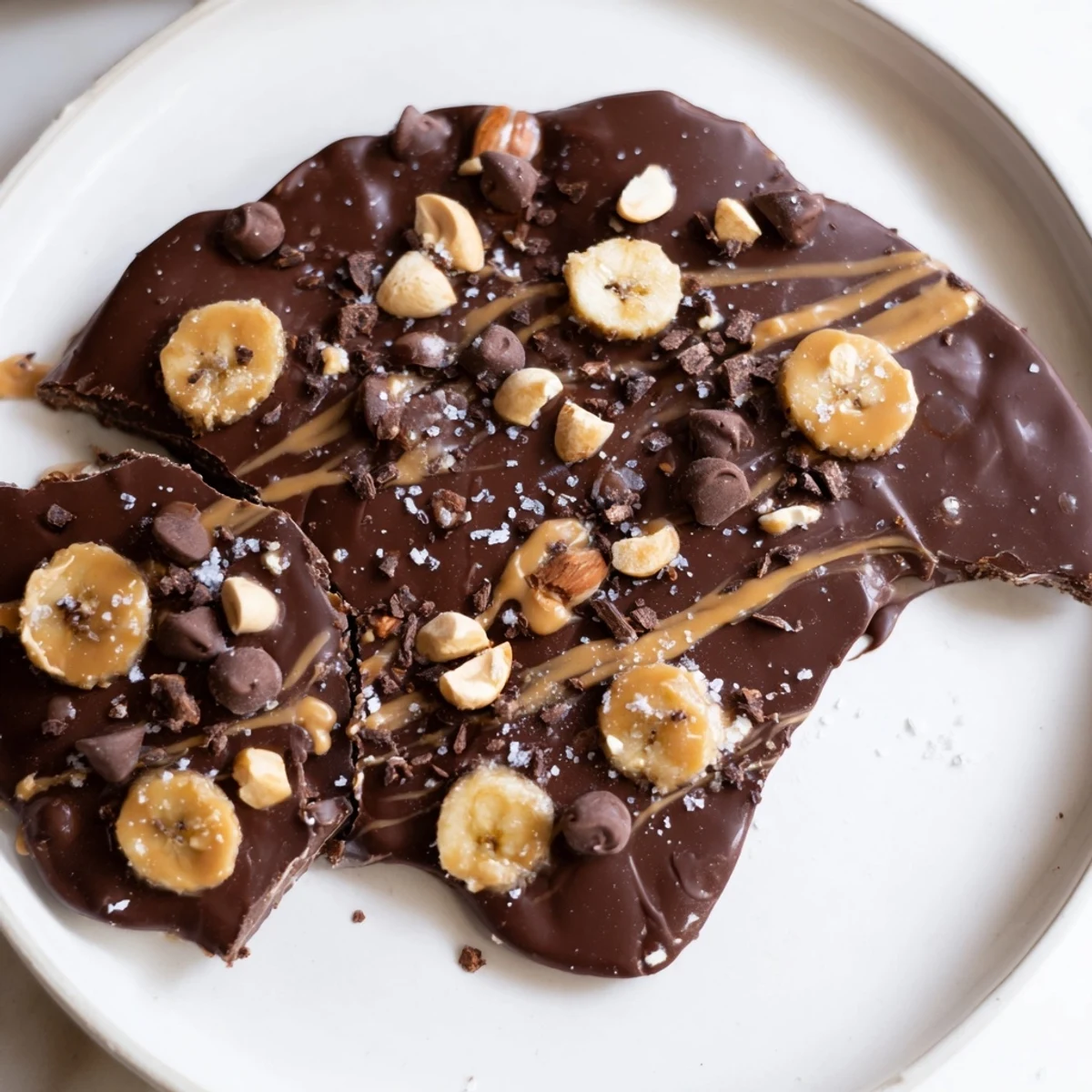 Crispy frozen chocolate banana bark broken into rustic shards on parchment paper