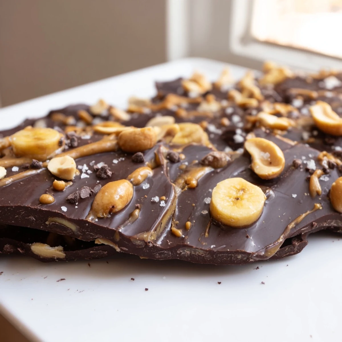 Viral chocolate banana bark with melted peanut butter drizzle and roasted almonds