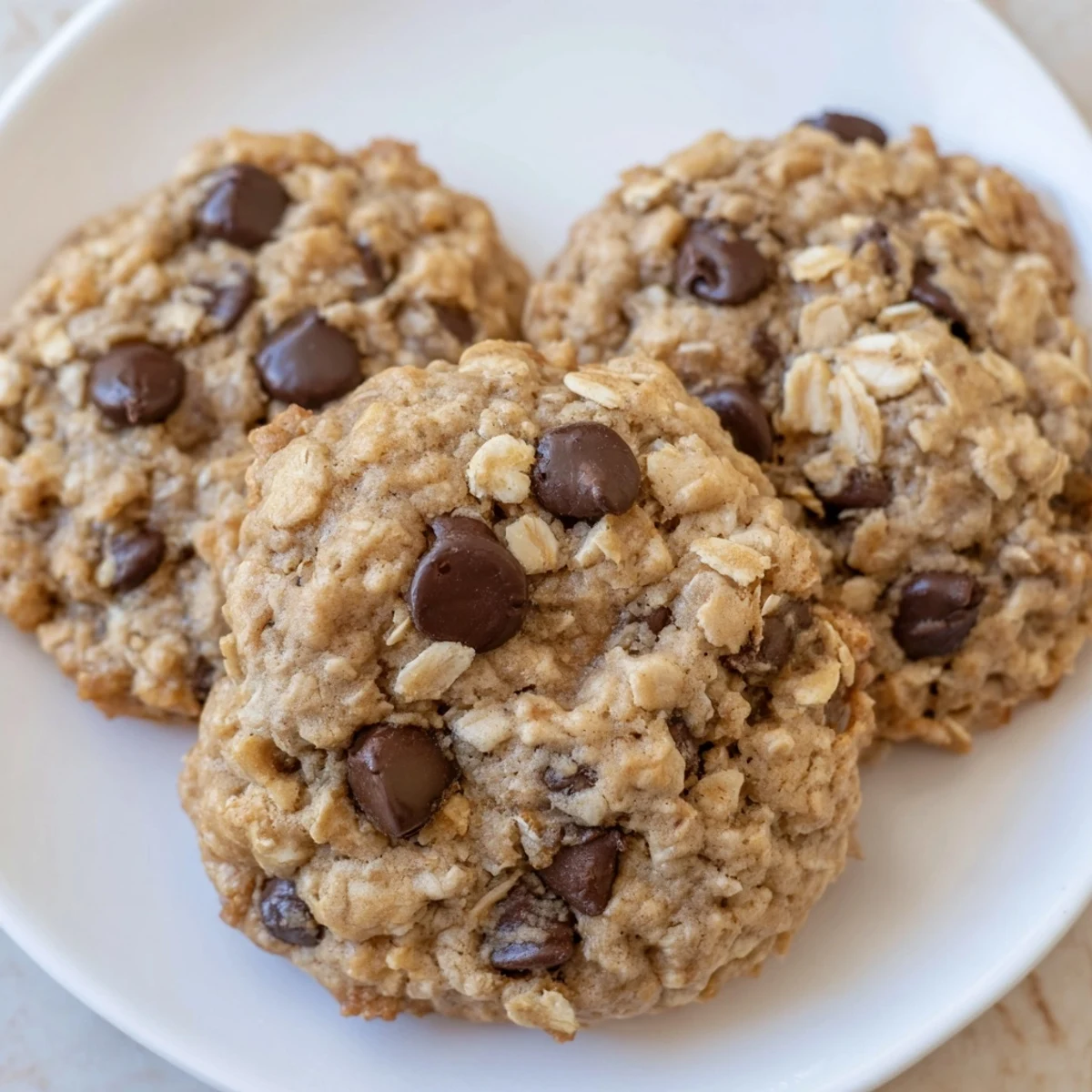 Golden banana oatmeal cookies with cracked tops cooling on a parchment-lined baking sheet