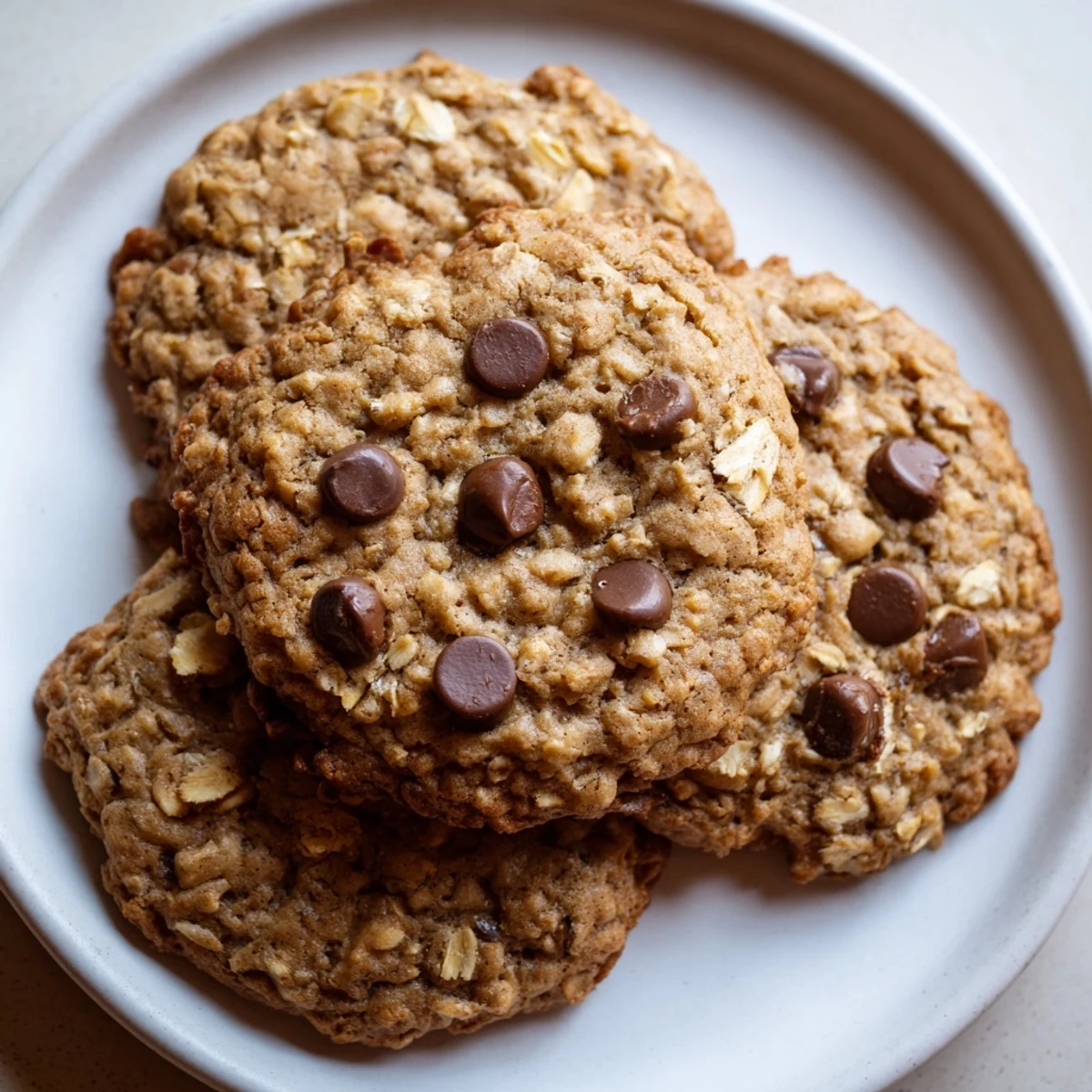 Chewy banana oatmeal cookies stacked on a rustic plate beside a glass of milk