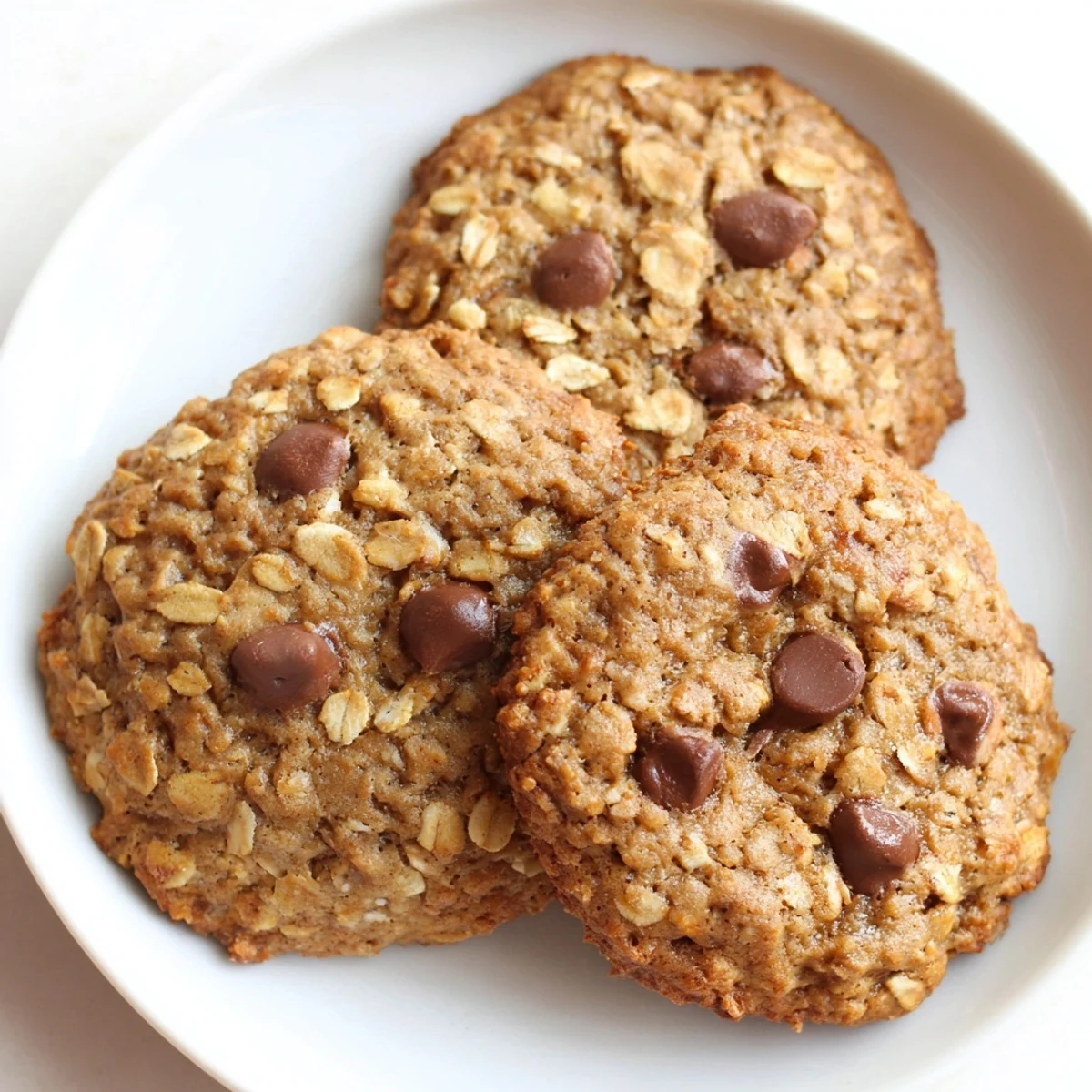 Thick banana oatmeal cookies dotted with chocolate chips resting on a wire cooling rack