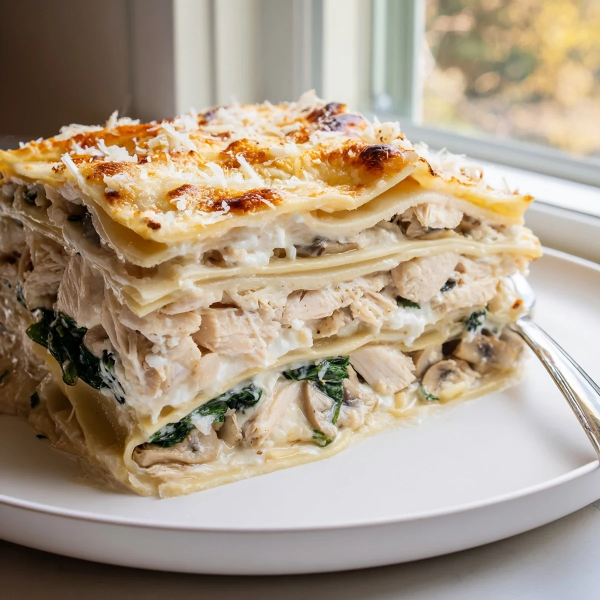 Golden bubbling white chicken lasagna with gooey melted cheese and creamy sauce