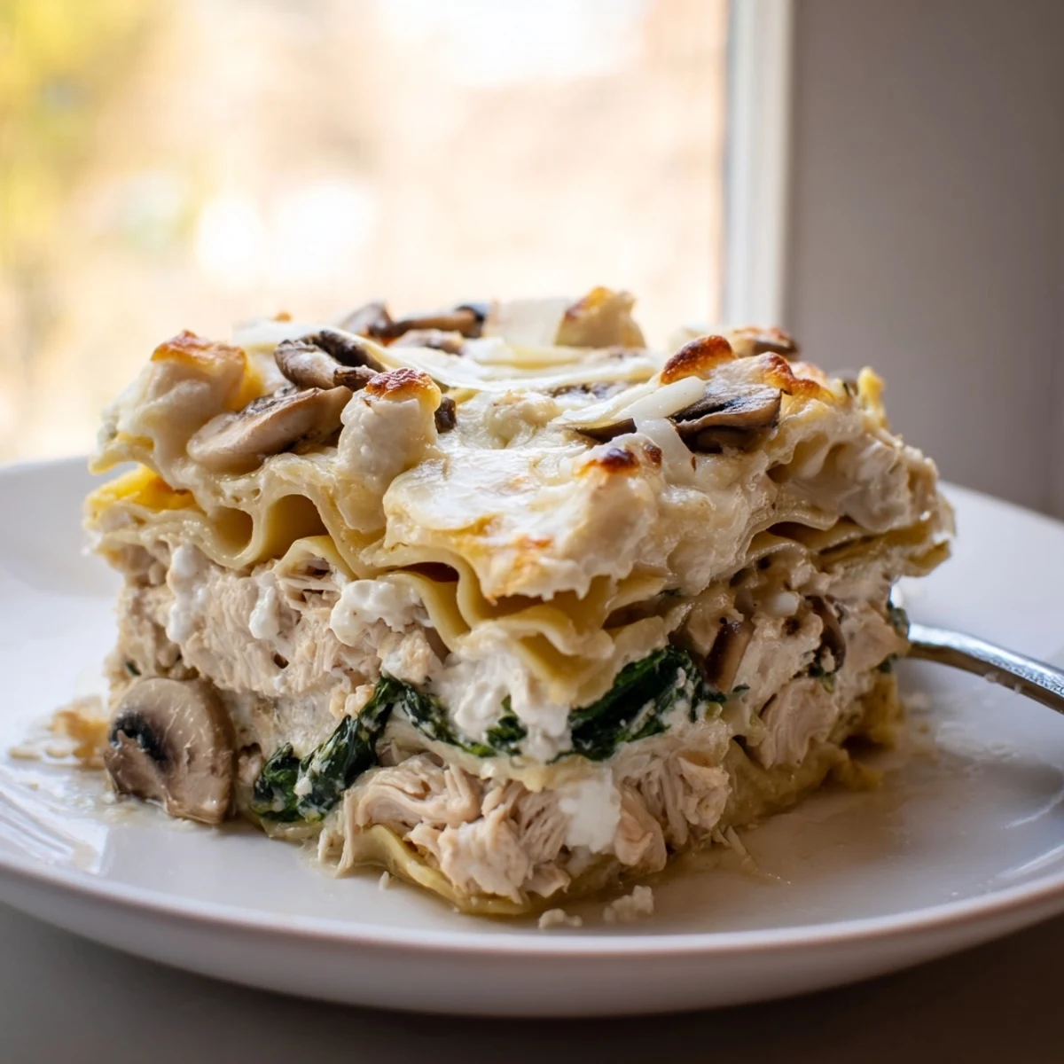 Creamy white chicken lasagna layered with spinach, tender chicken, and melted mozzarella