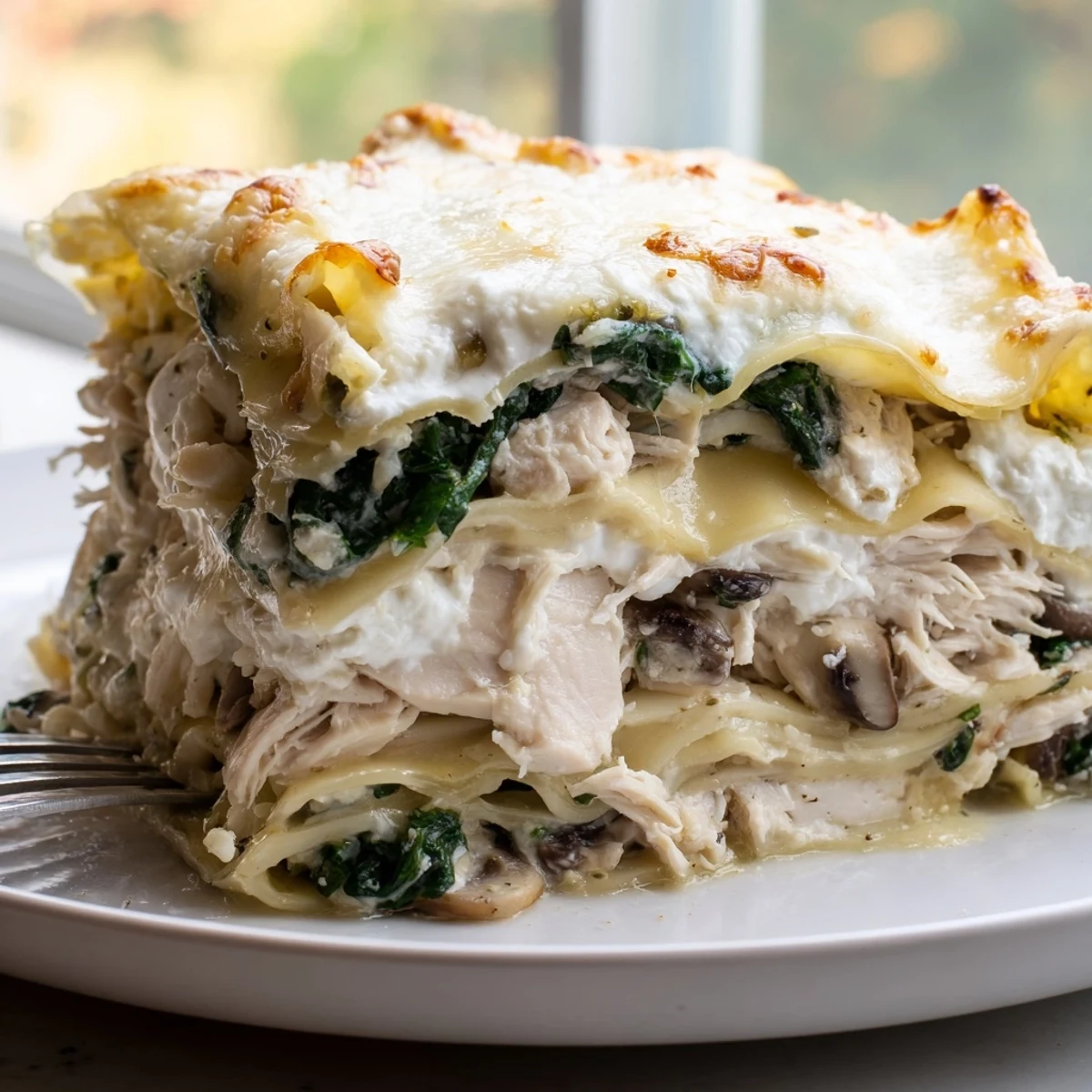 White chicken lasagna fresh from the oven, topped with golden Parmesan and herbs