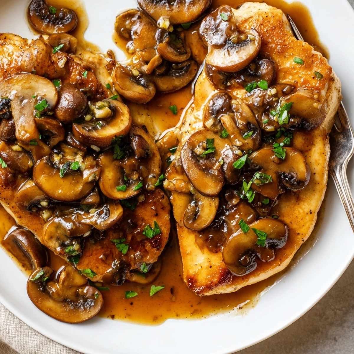Golden dairy-free chicken marsala smothered in a rich, savory mushroom wine sauce