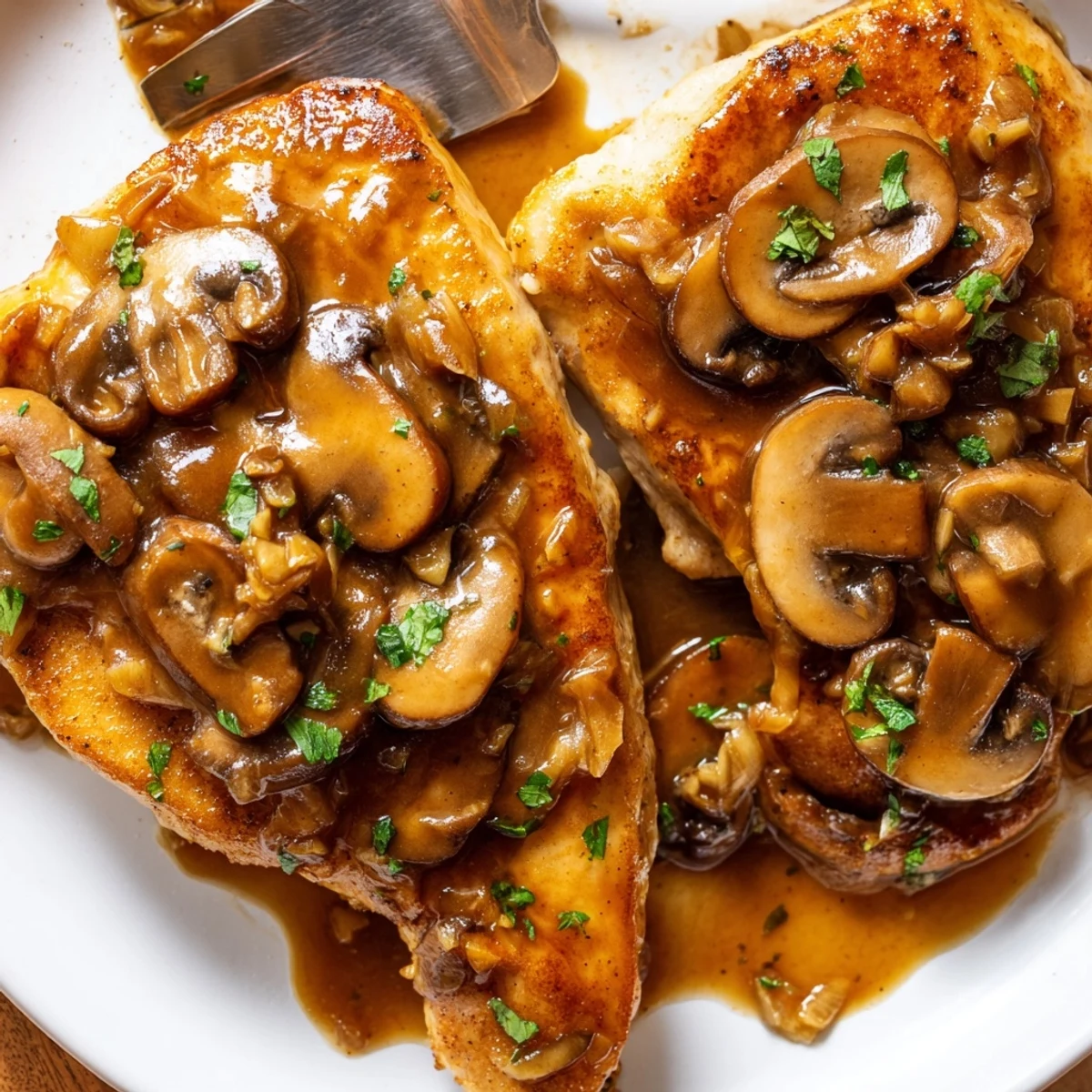 Dairy-free chicken marsala in a caramelized cremini mushroom Marsala pan sauce with parsley
