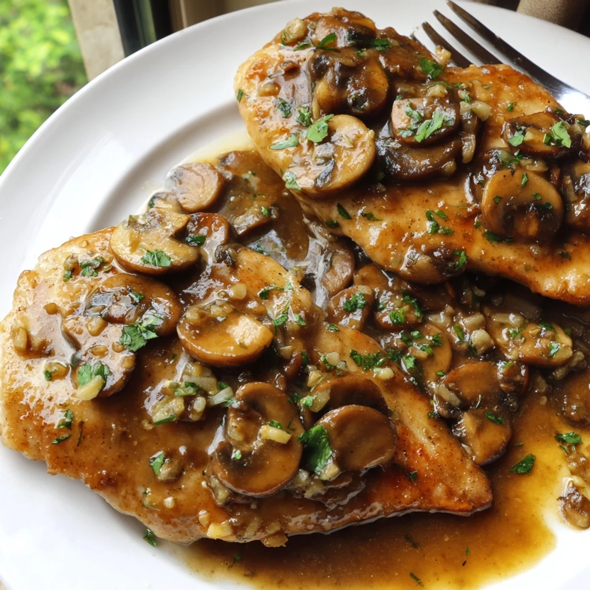 Tender pan-seared chicken marsala topped with earthy mushrooms in a glossy wine reduction