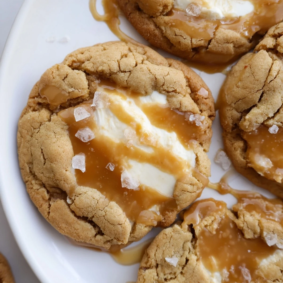 Soft caramel cheesecake cookies with golden edges drizzled in gooey caramel sauce on parchment paper