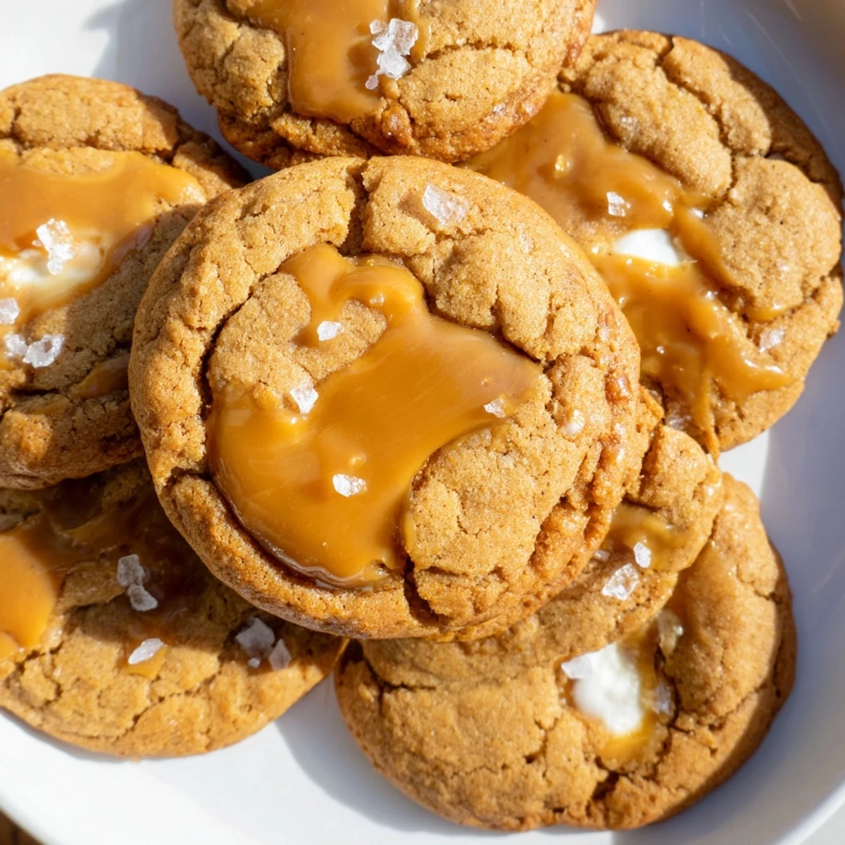 Chewy caramel cheesecake cookies oozing creamy filling topped with luscious caramel and sea salt