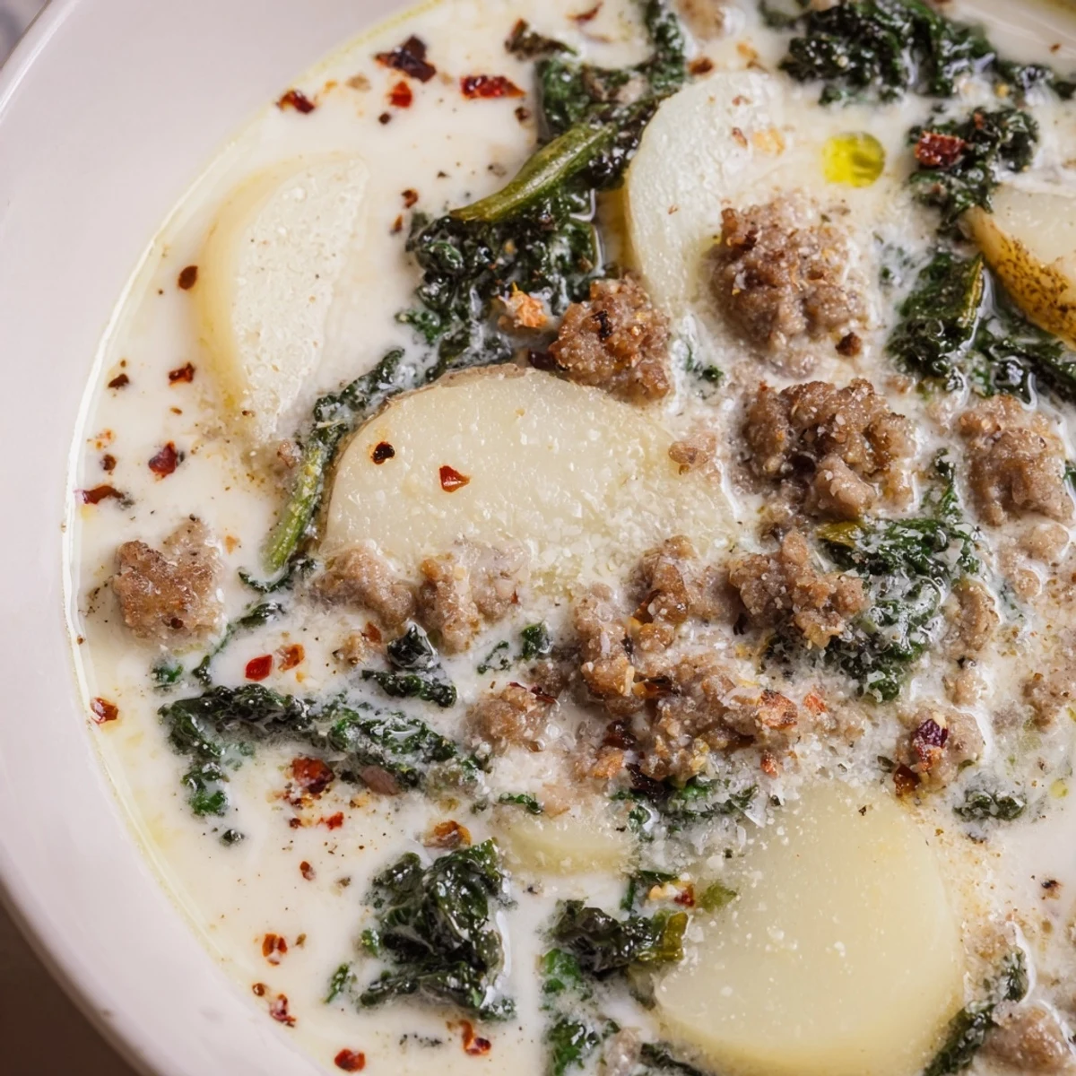Creamy Zuppa Toscana Soup loaded with crumbled sausage, tender potatoes, and wilted fresh kale