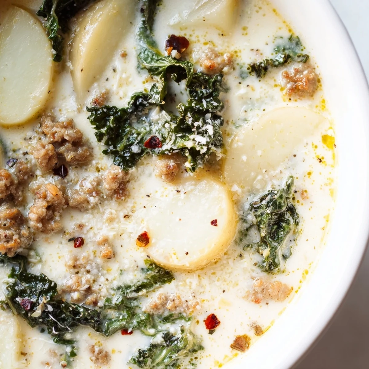 Steaming bowl of Zuppa Toscana Soup topped with Parmesan and a rustic bread slice
