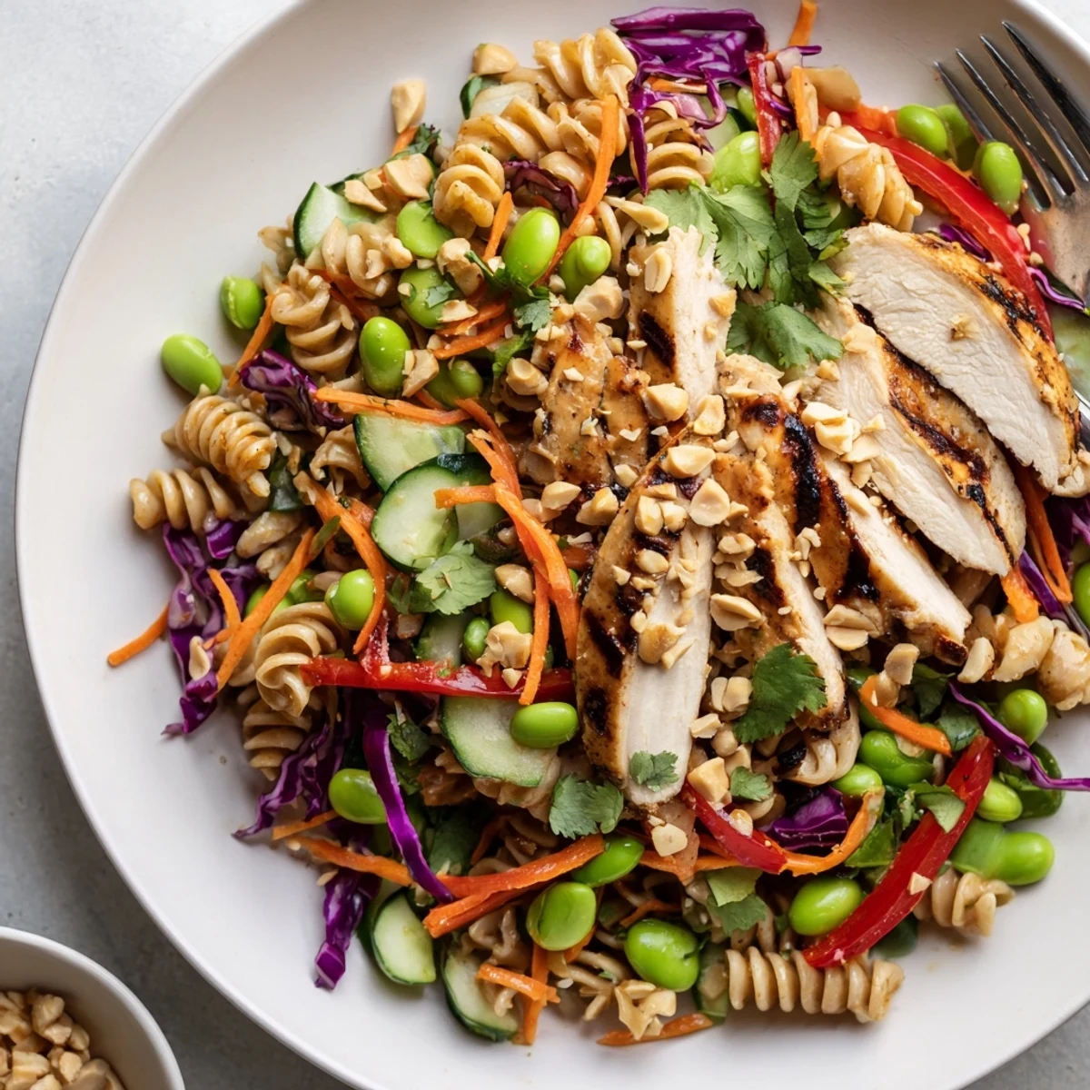 Colorful Protein Packed Thai Pasta Salad tossed in creamy peanut dressing with fresh vegetables