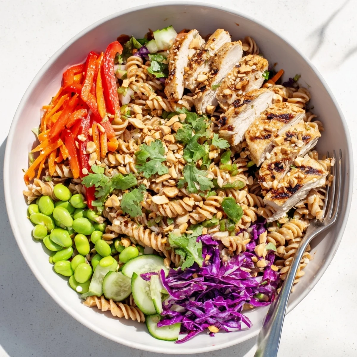 Hearty bowl of Protein Packed Thai Pasta Salad with grilled chicken, edamame, and crisp shredded cabbage