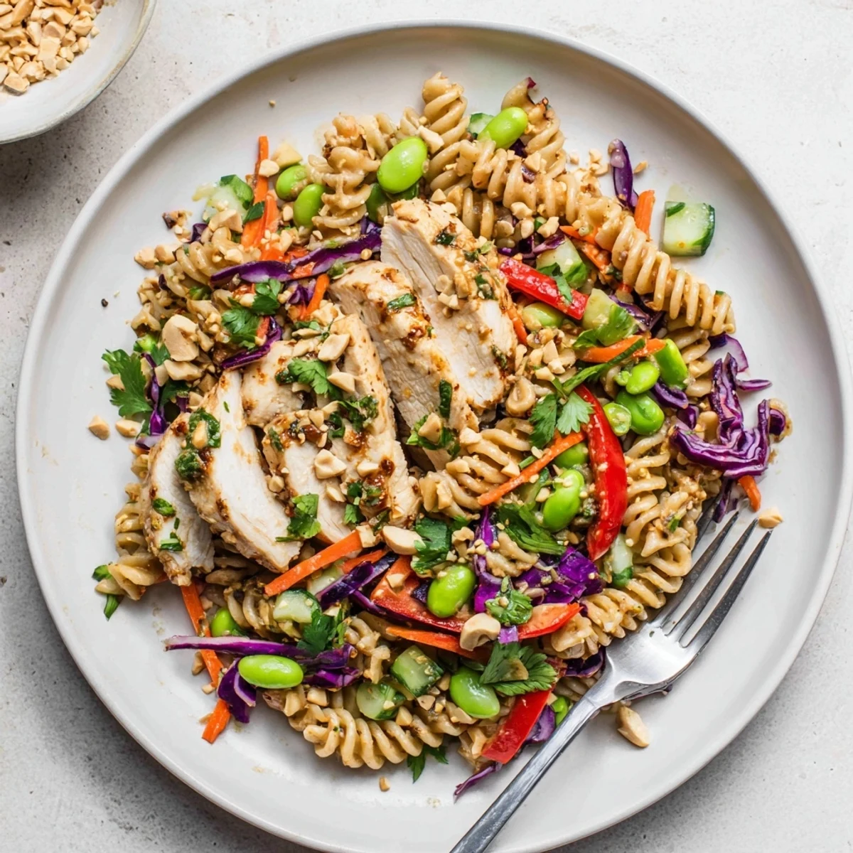 A close-up of Protein Packed Thai Pasta Salad topped with crushed peanuts and sesame seeds