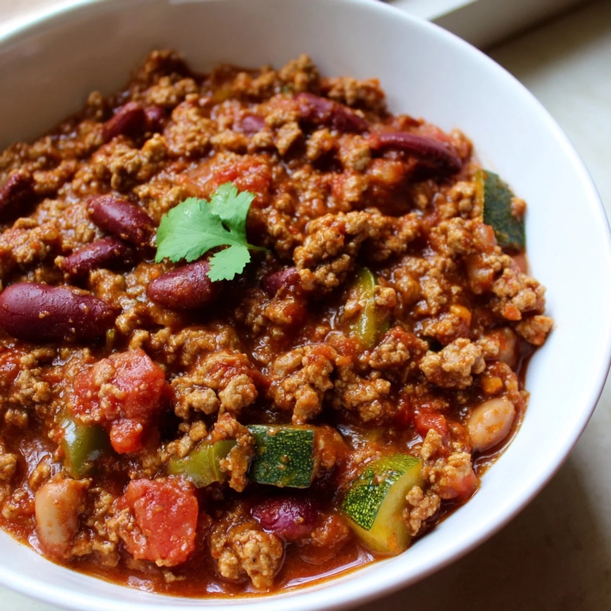 A steaming bowl of diabetic chili recipe topped with fresh cilantro and Greek yogurt