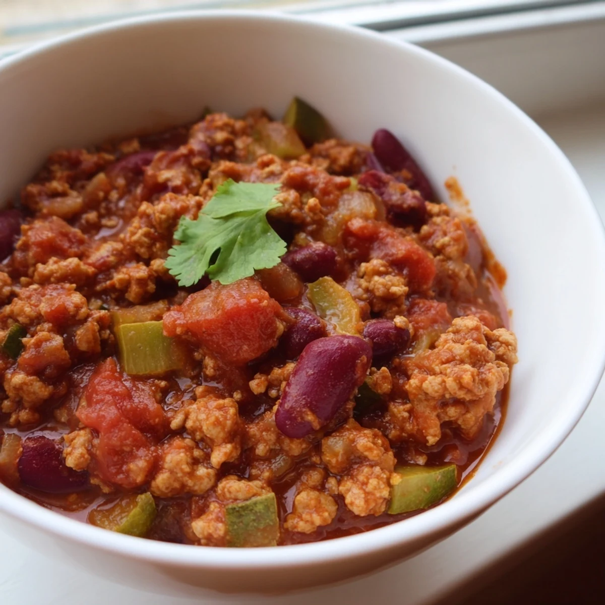 Hearty diabetic chili recipe loaded with lean turkey beans and colorful diced vegetables