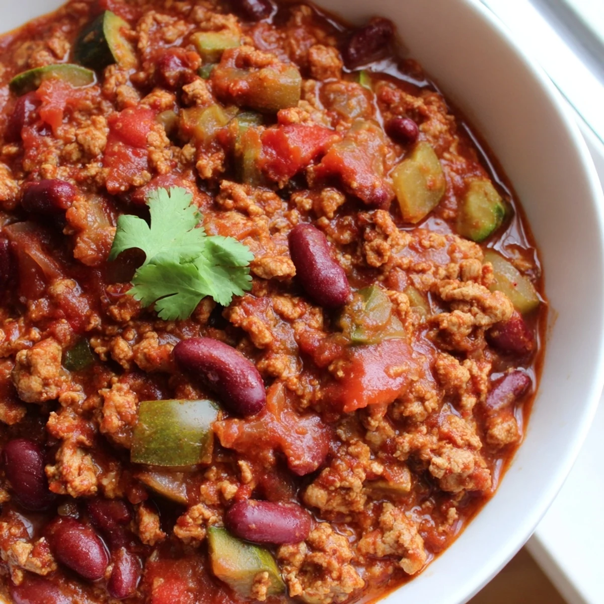 Thick rich diabetic chili recipe simmering in a Dutch oven with bold spices