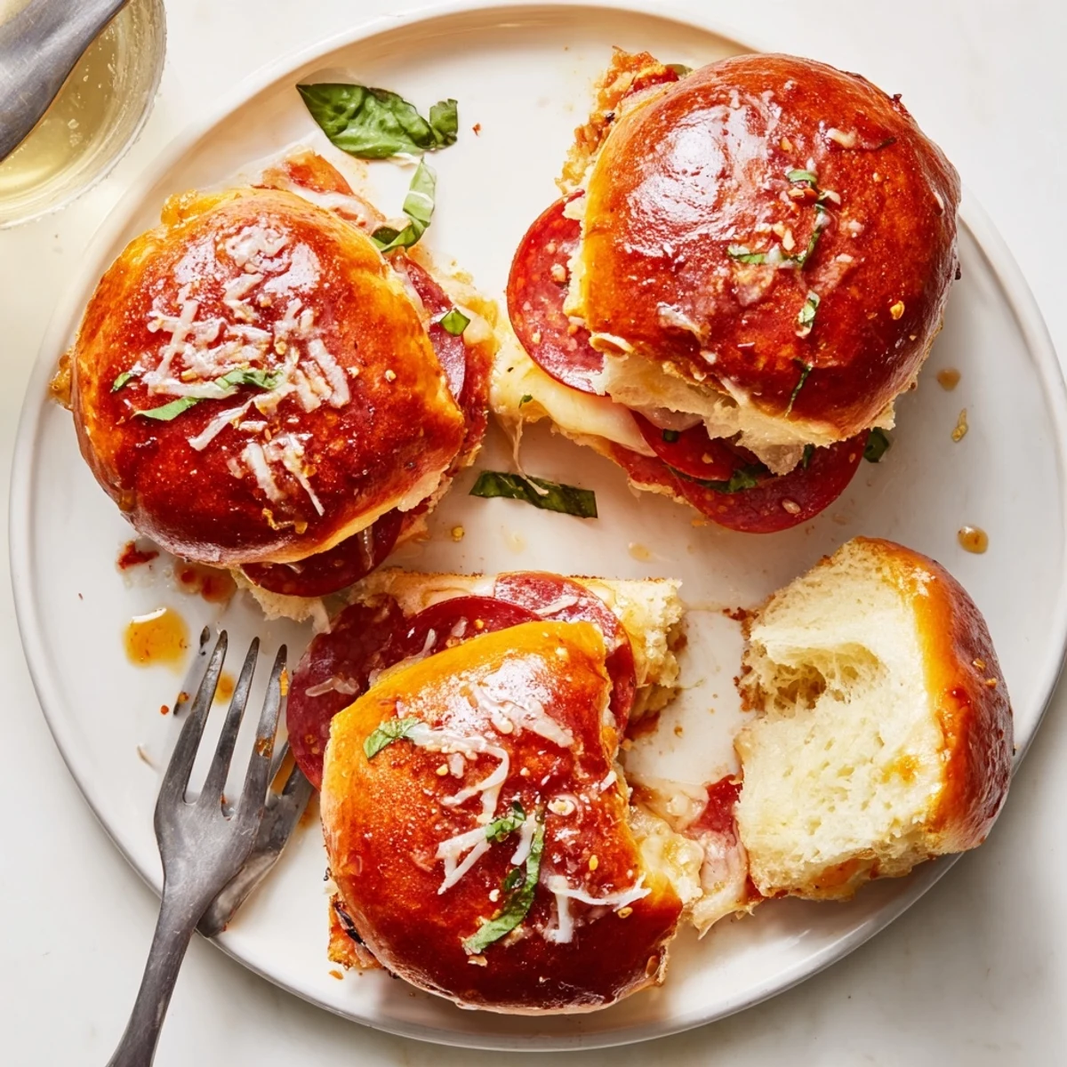 Golden Hot Honey Pepperoni Pizza Sliders with gooey melted mozzarella and spicy pepperoni slices