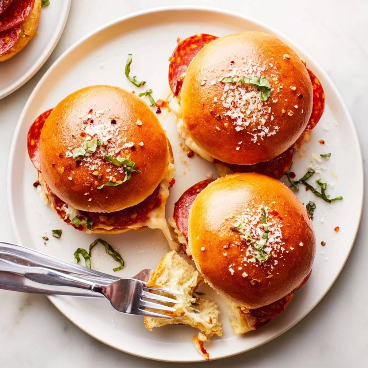 Crispy-topped Hot Honey Pepperoni Pizza Sliders pulled apart to reveal stretchy cheese and tangy sauce