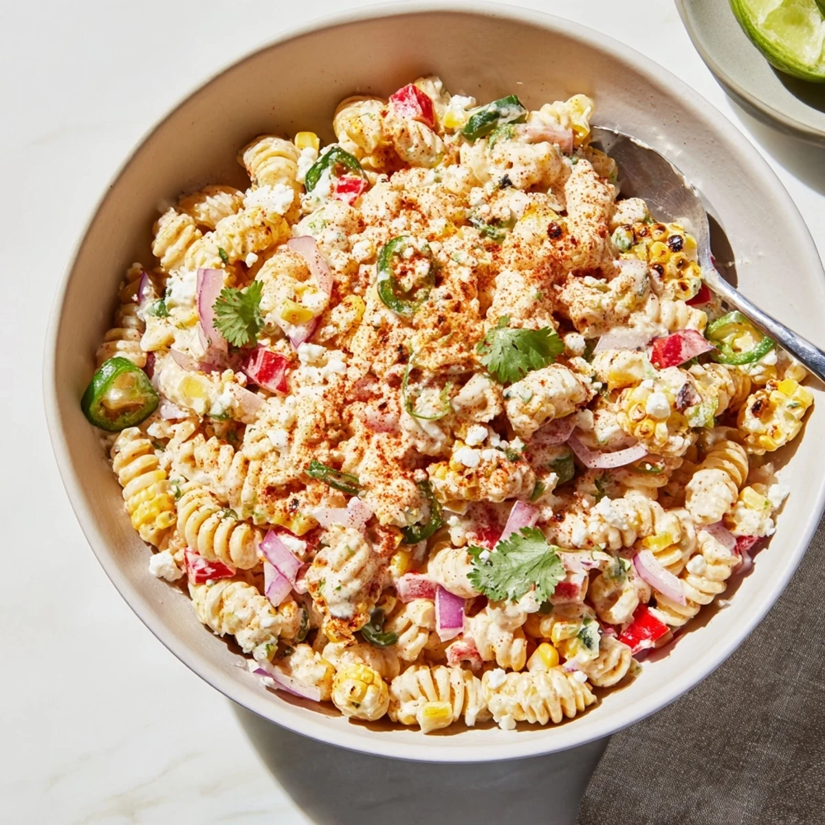 Creamy Elote Street Corn Pasta Salad topped with crumbled Cotija cheese and fresh cilantro