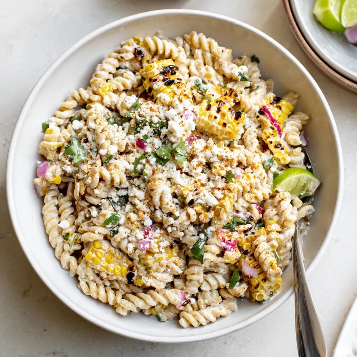 Charred corn and tender rotini tossed in a zesty lime dressing in this Elote Street Corn Pasta Salad