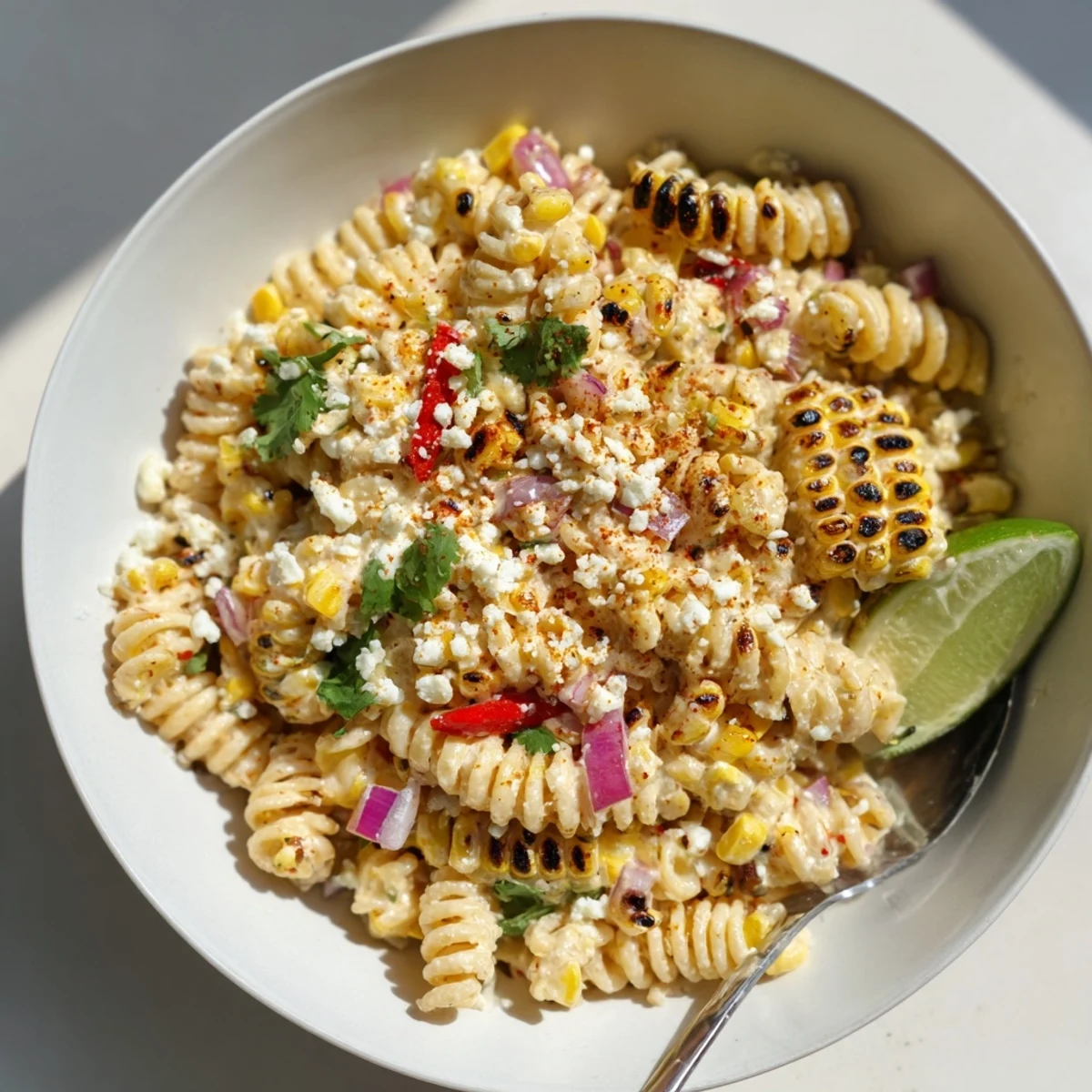 Vibrant Elote Street Corn Pasta Salad served in a bowl with chili powder garnish and lime wedges