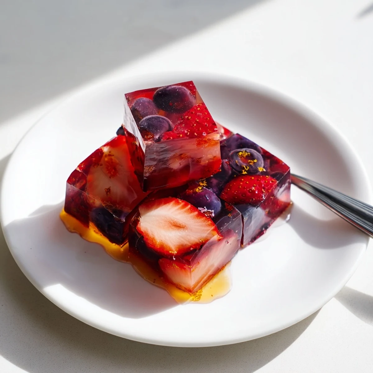 Homemade collagen fruit jellies cut into jewel-toned squares on a chilled serving plate