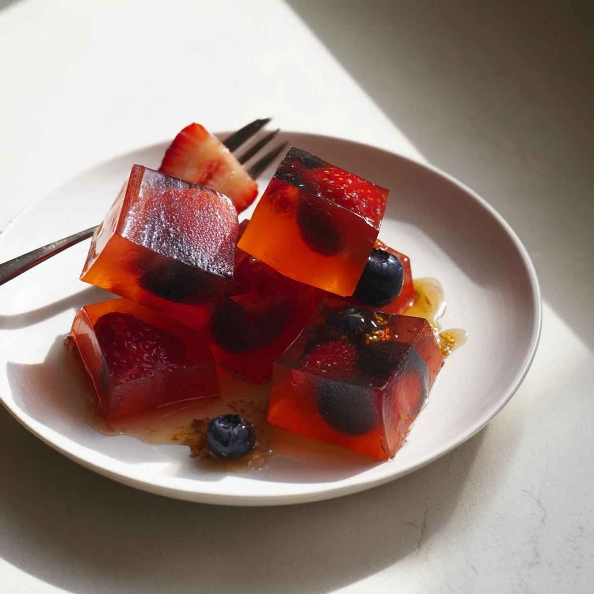 Colorful collagen fruit jellies glistening in silicone molds with fresh berry garnish