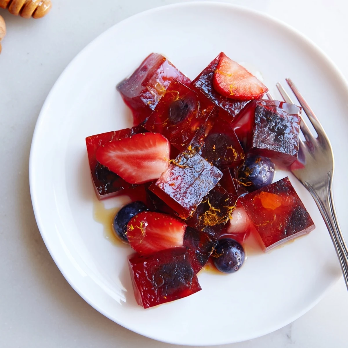 Glossy collagen fruit jellies topped with citrus zest in vibrant layered colors