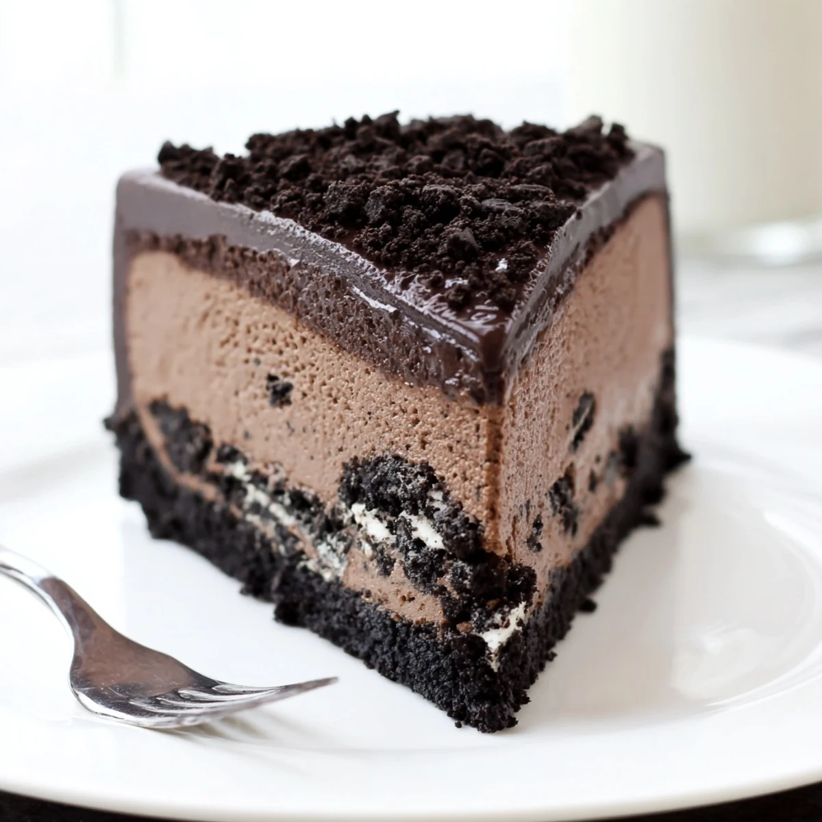 Creamy Oreo chocolate cheesecake sliced and drizzled with rich dark ganache