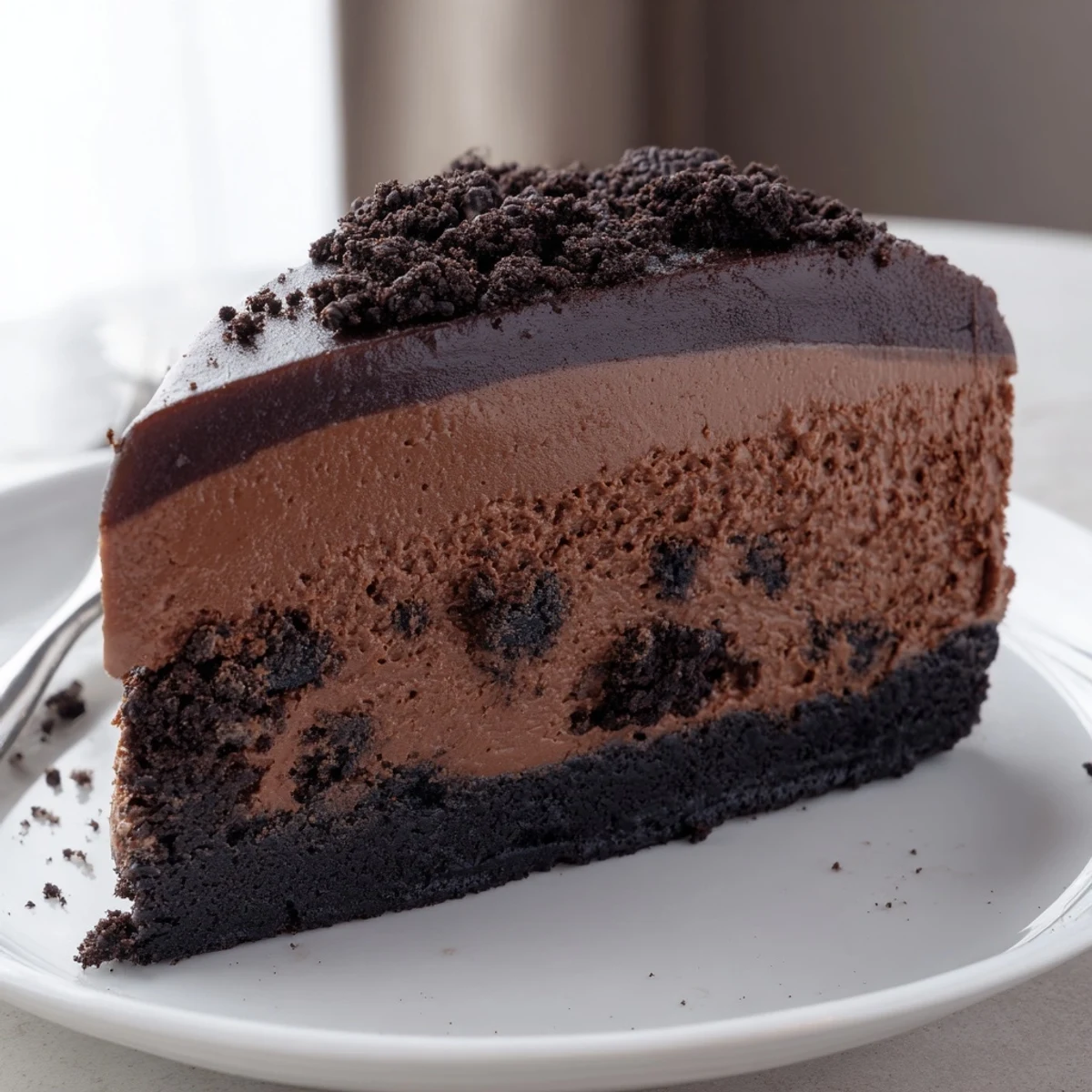 Decadent Oreo chocolate cheesecake on a plate with a crispy cookie crust