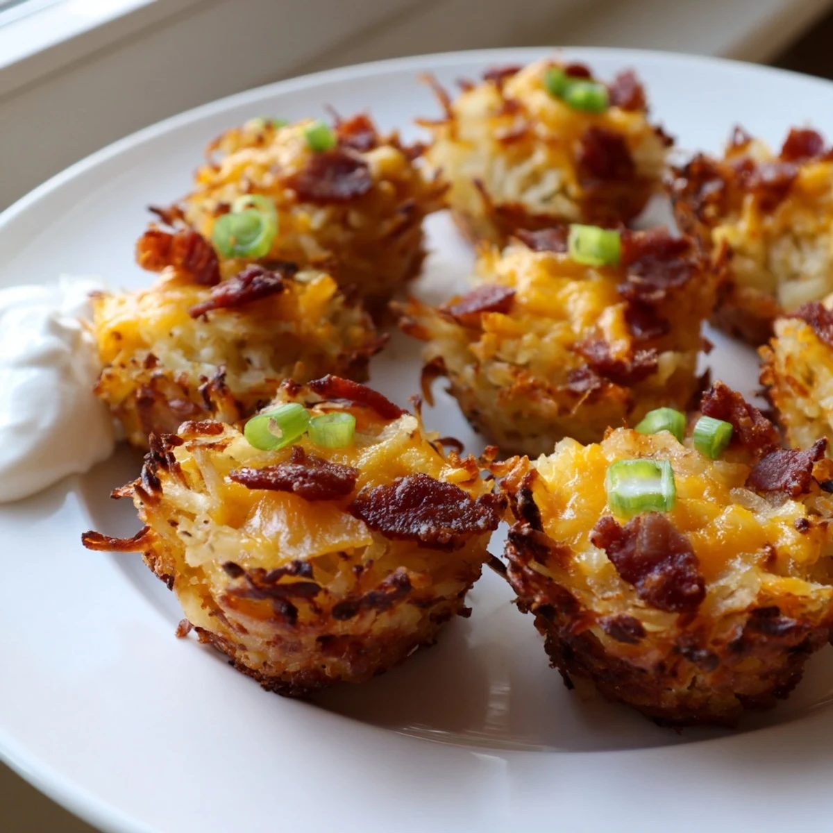 Golden cheesy loaded hashbrown bites fresh from the oven with crisp edges