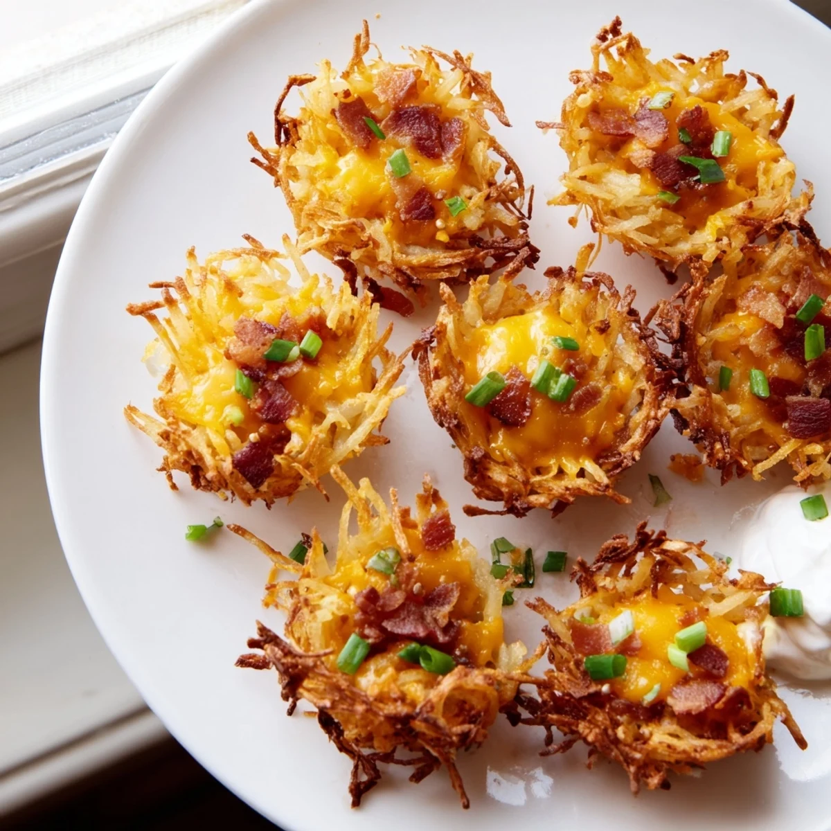 Crispy cheesy loaded hashbrown bites topped with bacon and melted cheddar