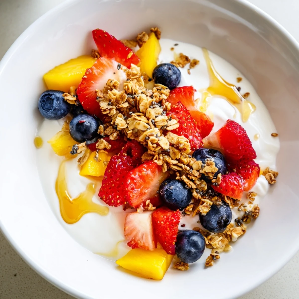 Creamy yogurt fruit bowl topped with fresh strawberries, blueberries, and crunchy granola