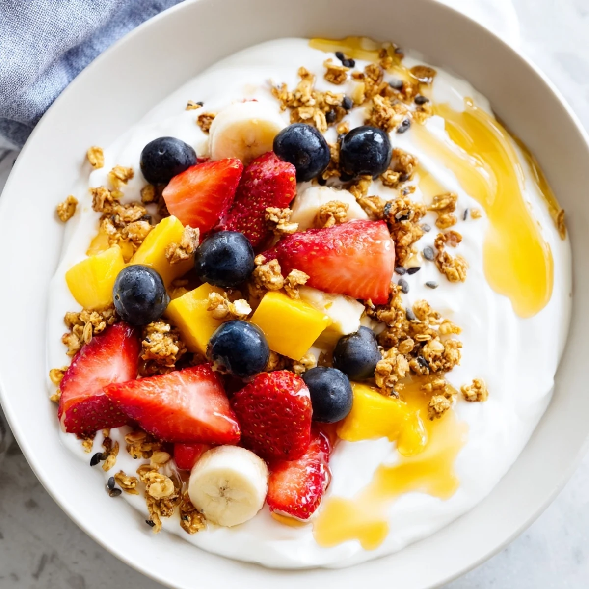 Vibrant yogurt fruit bowl drizzled with honey and sprinkled with chia seeds