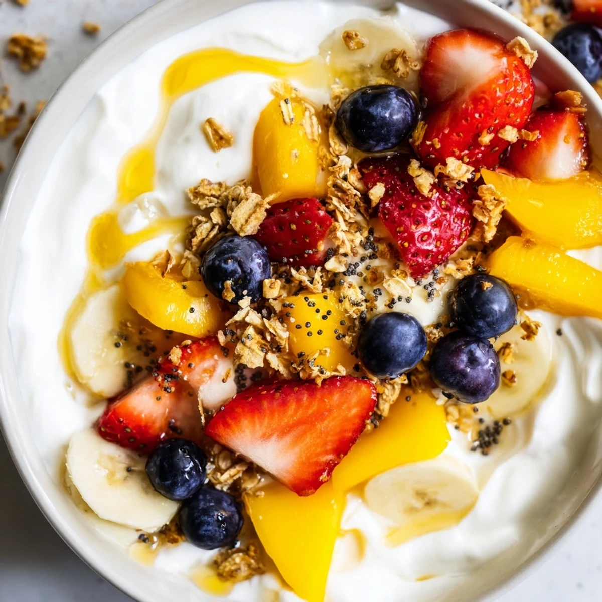 Thick Greek yogurt fruit bowl loaded with ripe mango, banana, and berries