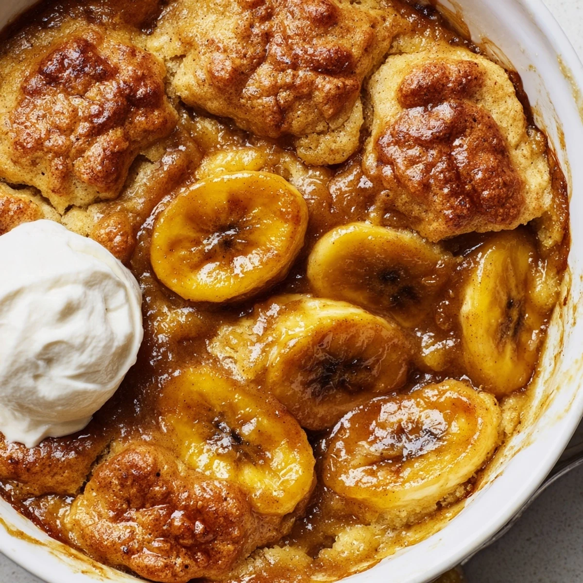 Golden Southern Banana Cobbler with caramelized bananas bubbling under a buttery crust