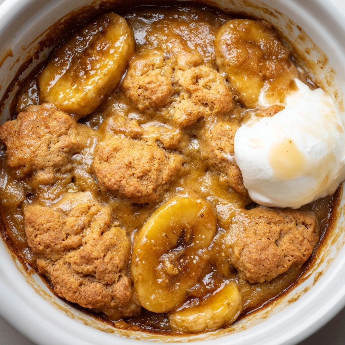 Warm Southern Banana Cobbler served in a rustic dish with vanilla ice cream