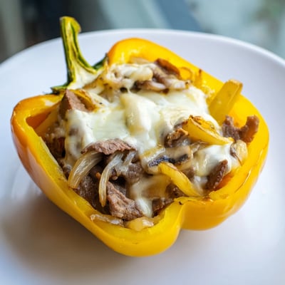 Juicy ribeye steak and melty provolone cheese stuffed into tender roasted peppers, served hot as a gluten-free weeknight dinner.