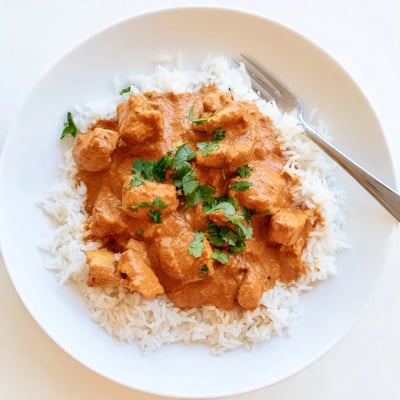 Golden-brown Chicken Tikka Masala with Basmati Rice rests on a plate next to refreshing cucumber raita. 