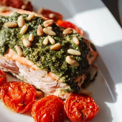 Tender salmon topped with basil pesto, roasted tomatoes, and fresh lemon wedges, ready to serve.