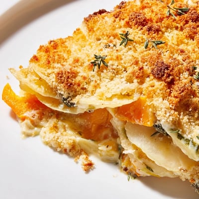 A close-up of creamy Winter Vegetable Gratin reveals tender layered root vegetables and a rich, cheesy crust.