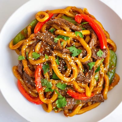 A close-up of Spicy Beef Stir Fry with Udon Noodles steaming in a bowl.