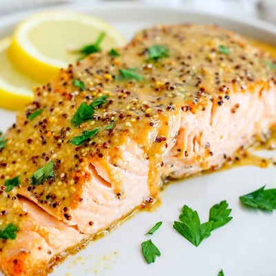 Tender, flaky Baked Salmon with Honey Mustard Glaze ready to serve, paired with roasted asparagus on a rustic wooden table.