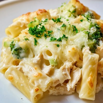 Freshly baked Chicken Alfredo Bake with Broccoli served on white plates with a side salad.