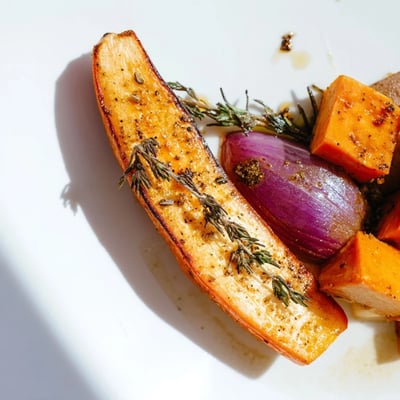 Roasted Root Vegetable Medley arranged with carrots, parsnips, sweet potatoes, and onions on a baking sheet.