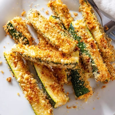 A close-up of low-carb Keto Baked Parmesan Zucchini Fries showing tender zucchini sticks coated in a savory, crunchy Parmesan and almond flour crust.