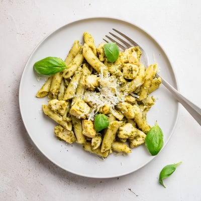 Creamy Pesto Chicken Pasta served in a white ceramic bowl, steam rising from the al dente noodles and tender chicken chunks smothered in rich sauce.